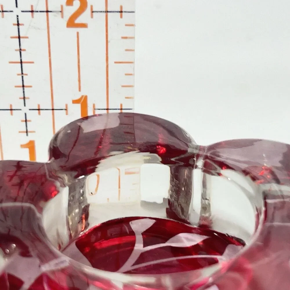 Y2K Vintage Iridescent Red Flower Design Glass Candle Holder Paper Weight 3”x1”h